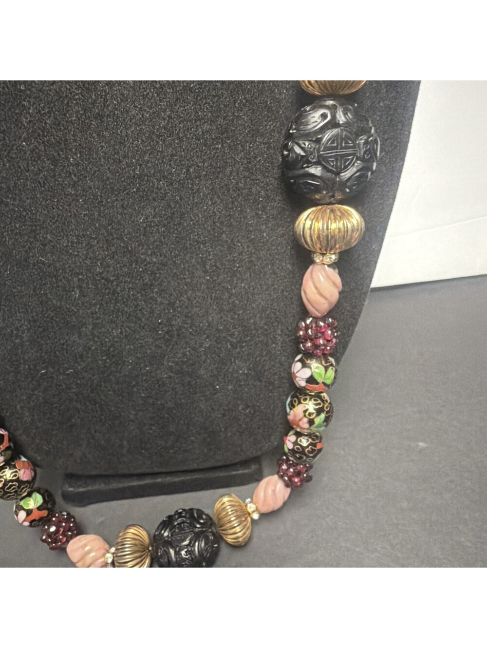 Vintage Art Glass Beaded Necklace Wedding Cake Style Beads Stone Carved Chinese - Picture 6 of 14